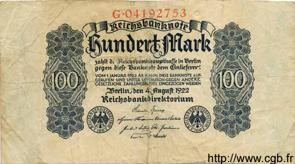 100 Mark GERMANY  1922 P.075 VG