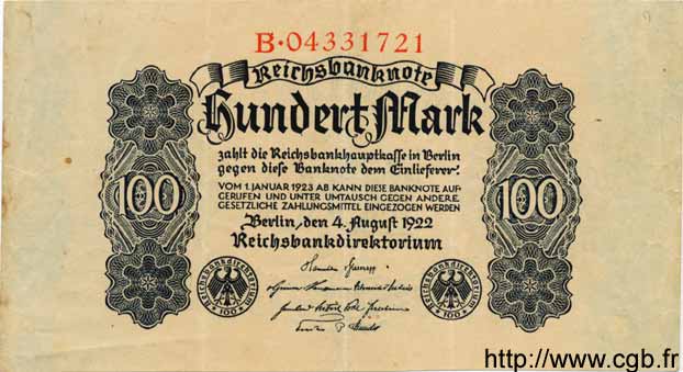 100 Mark GERMANY  1922 P.075 VF