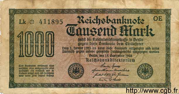 1000 Mark GERMANY  1922 P.076a VG