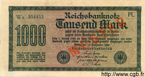 1000 Mark Spécimen GERMANIA  1922 P.076as SPL