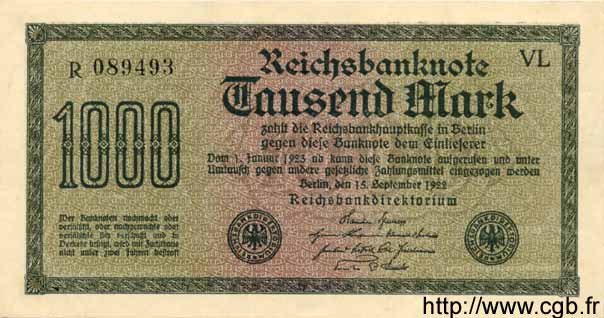 1000 Mark GERMANY  1922 P.076a UNC-