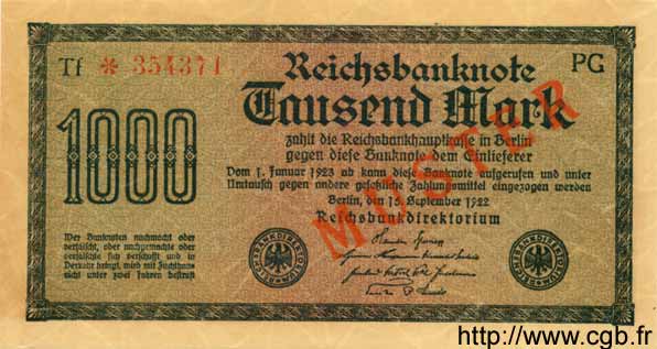 1000 Mark Spécimen GERMANIA  1922 P.076s AU