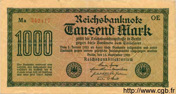 1000 Mark GERMANIA  1922 P.076var SPL