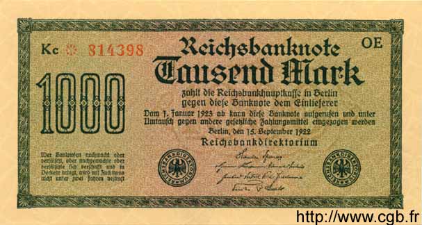 1000 Mark GERMANY  1922 P.076var AU+
