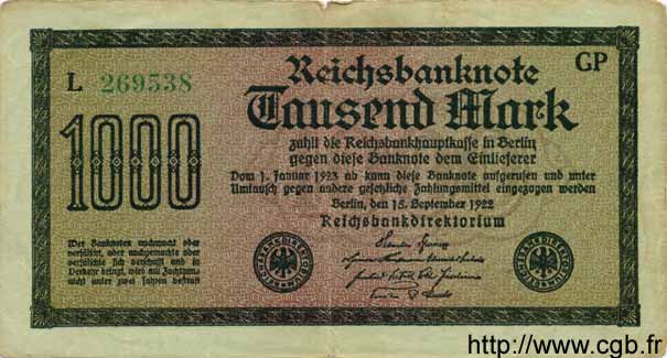 1000 Mark GERMANY  1922 P.076h F