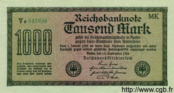 1000 Mark GERMANY  1922 P.076h UNC-