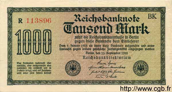 1000 Mark GERMANY  1922 P.076c VF+