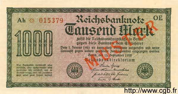 1000 Mark Spécimen GERMANIA  1922 P.076cs q.FDC