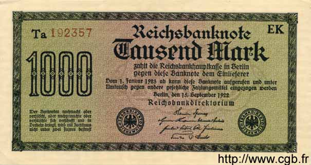 1000 Mark GERMANY  1922 P.076c UNC-