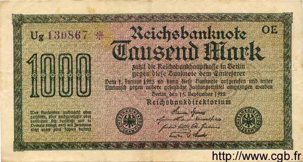 1000 Mark GERMANY  1922 P.076d VF
