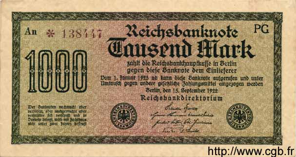 1000 Mark GERMANY  1922 P.076d XF