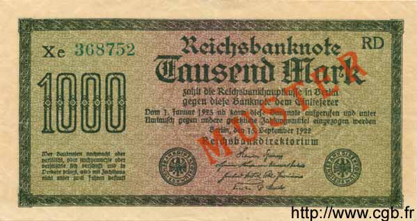 1000 Mark Spécimen GERMANIA  1922 P.076js SPL+