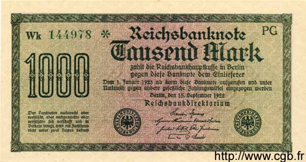 1000 Mark GERMANY  1922 P.076j UNC
