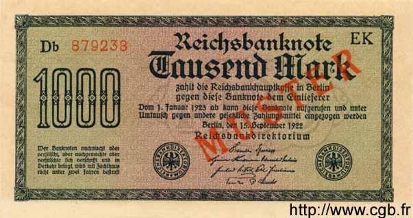 1000 Mark Spécimen GERMANY  1922 P.076fs UNC