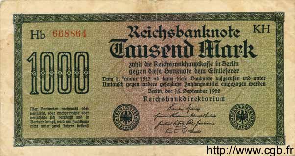 1000 Mark GERMANY  1922 P.076f F