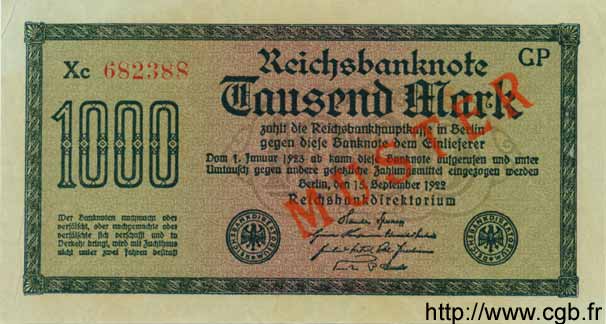 1000 Mark Spécimen ALLEMAGNE  1922 P.076gs SPL