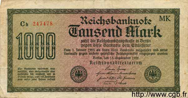 1000 Mark GERMANY  1922 P.076g VG