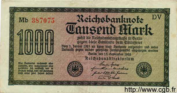 1000 Mark GERMANY  1922 P.076g VF