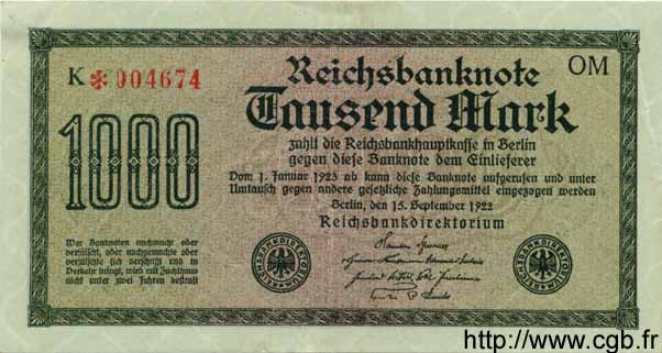 1000 Mark GERMANY  1922 P.076g XF