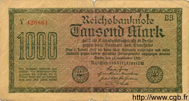 1000 Mark GERMANY  1922 P.076var G
