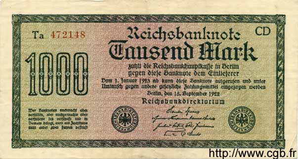 1000 Mark GERMANY  1922 P.076var VF