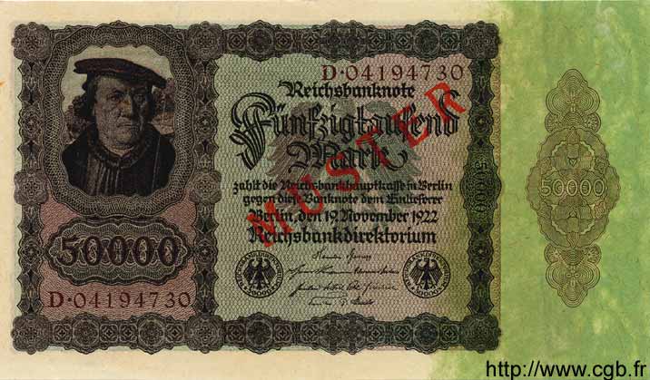 50000 Mark Spécimen GERMANY  1922 P.080s AU