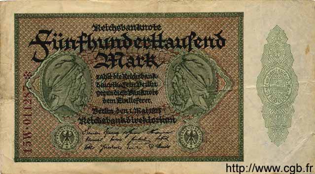 500000 Mark GERMANY  1923 P.088b F+