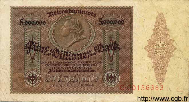 5 Millionen Mark GERMANY  1923 P.090 F