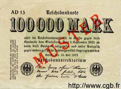 100000 Mark Spécimen ALEMANIA  1923 P.091as MBC a EBC
