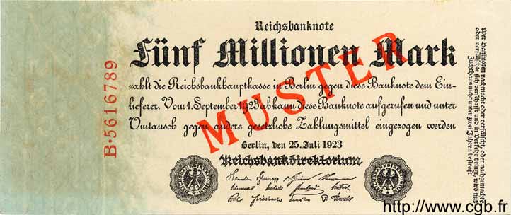 5 Millionen Mark Spécimen GERMANY  1923 P.095s UNC-