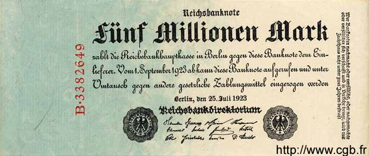 5 Millionen Mark GERMANY  1923 P.095 VF+