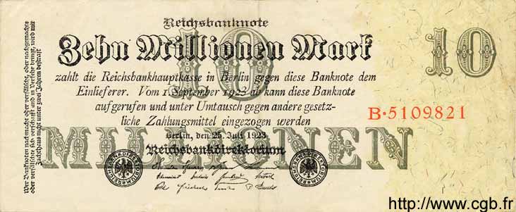 10 Millionen Mark GERMANY  1923 P.096 VF+