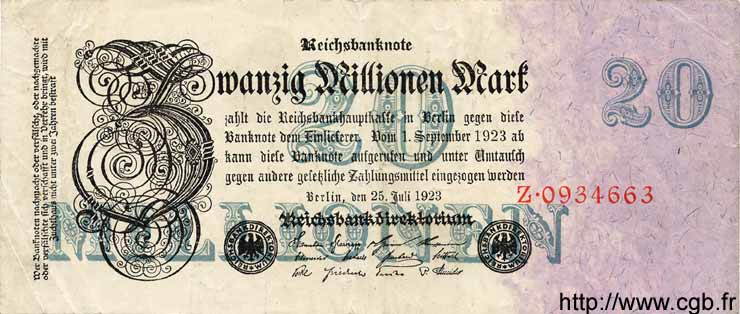 20 Millionen Mark GERMANY  1923 P.097a F+