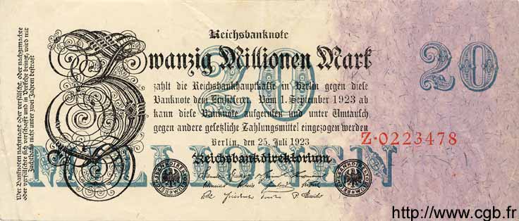 20 Millionen Mark GERMANY  1923 P.097a VF