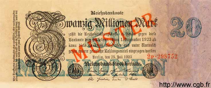 20 Millionen Mark Spécimen GERMANY  1923 P.097bs AU