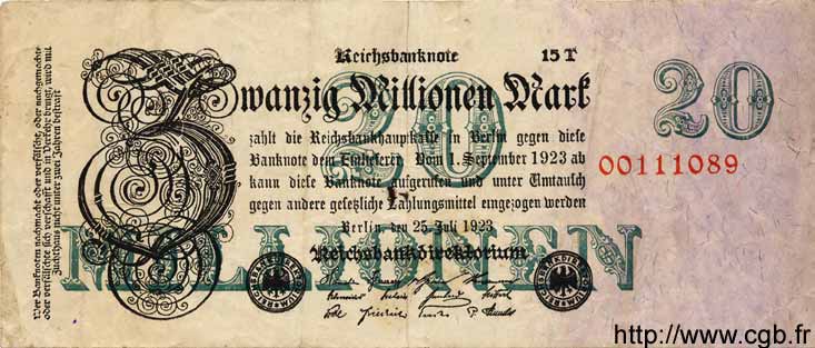 20 Millionen Mark GERMANY  1923 P.097b F+