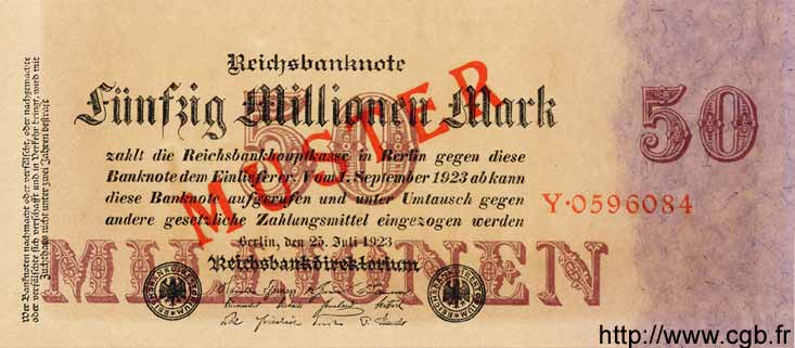 50 Millionen Mark Spécimen GERMANY  1923 P.109s UNC