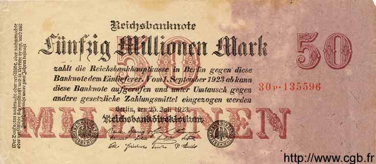 50 Millionen Mark DEUTSCHLAND  1923 P.109 SS