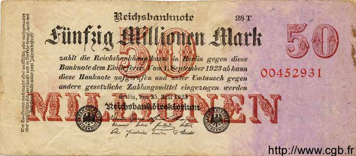 50 Millionen Mark GERMANIA  1923 P.109 MB