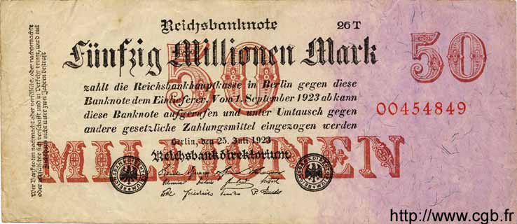 50 Millionen Mark GERMANY  1923 P.109 VF-