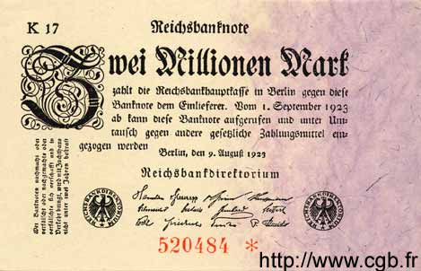 2 Millionen Mark GERMANY  1923 P.103 UNC-