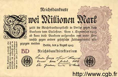 2 Millionen Mark GERMANY  1923 P.104b UNC-
