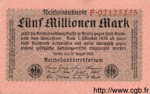 5 Millionen Mark GERMANY  1923 P.105 VF+