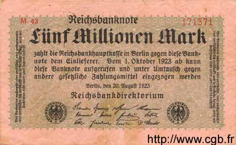 5 Millionen Mark GERMANY  1923 P.105 F
