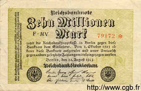 10 Millionen Mark GERMANY  1923 P.106a F