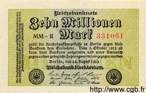 10 Millionen Mark GERMANIA  1923 P.106var q.FDC