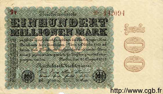 100 Millionen Mark GERMANY  1923 P.107c VF