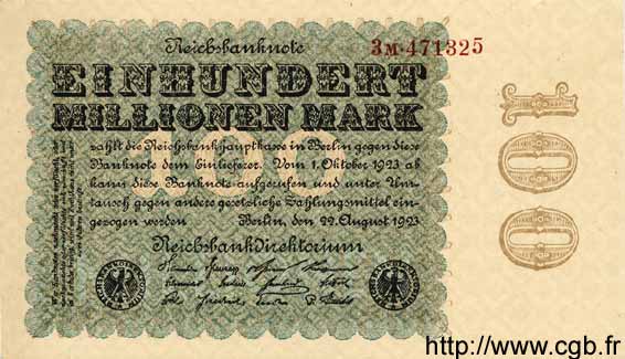 100 Millionen Mark GERMANY  1923 P.107c UNC-
