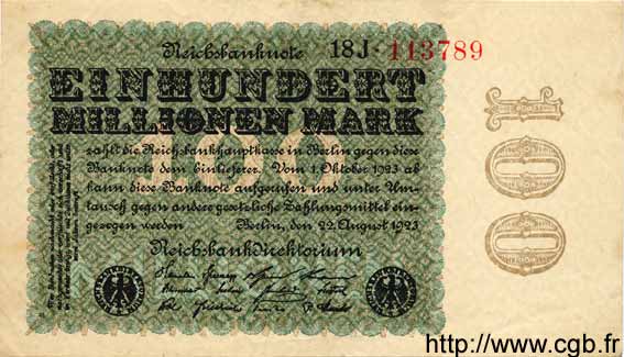 100 Millionen Mark DEUTSCHLAND  1923 P.107c VZ