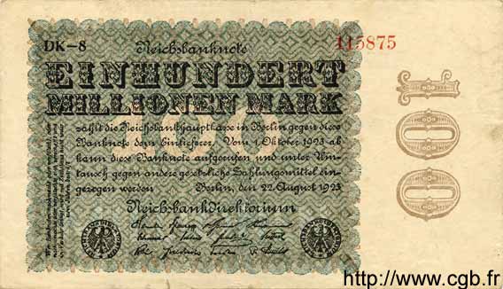 100 Millionen Mark GERMANIA  1923 P.107e MB a BB